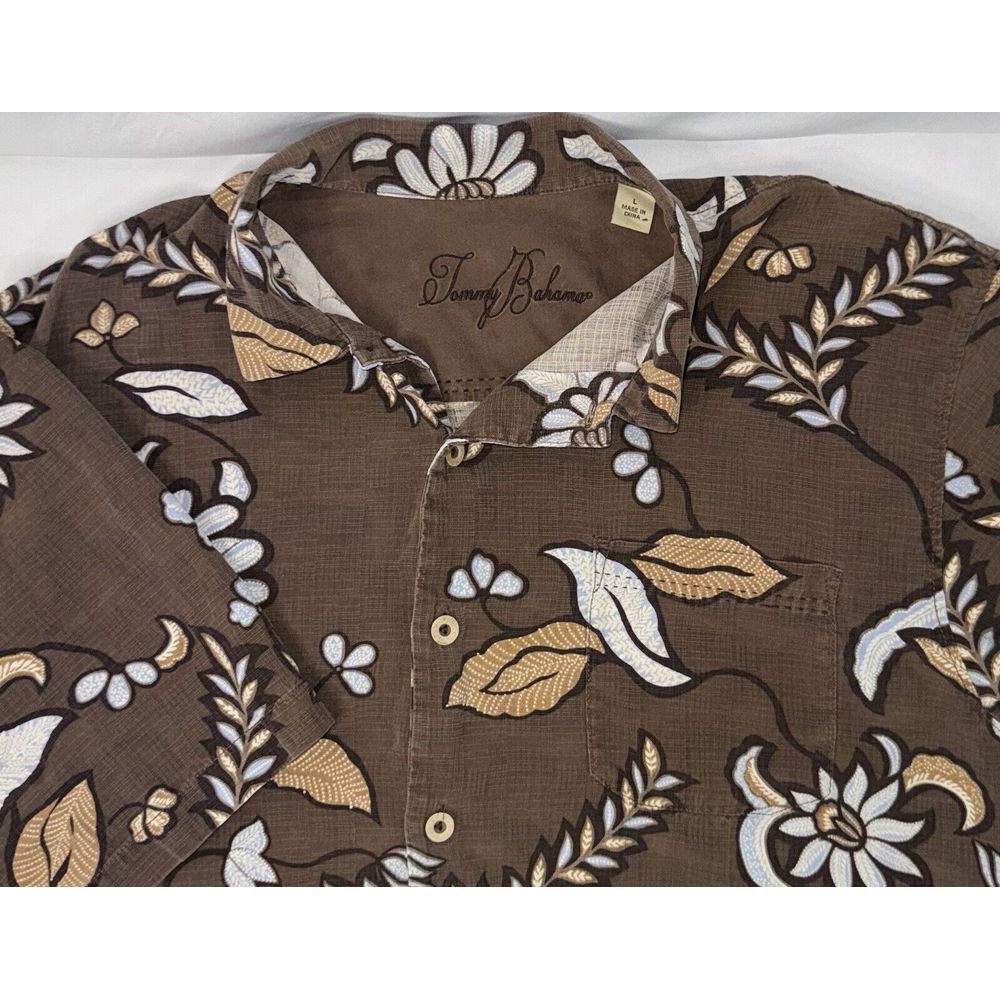 Tommy‎ Bahama Mens L Brown Floral Print Short Sleeve Button Up Silk Shirt